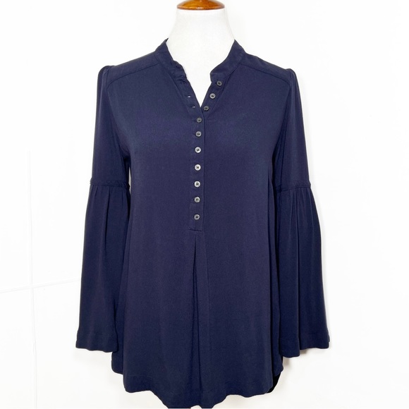 Free People Navy Blue Henley 3/4 Bell Sleeve High Low Tunic Peasant Top - Picture 13 of 15